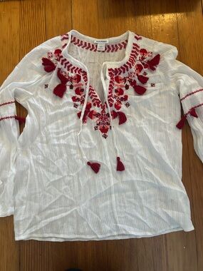 Club Monaco White Peasant Blouse with Red Embroidery and Tassels